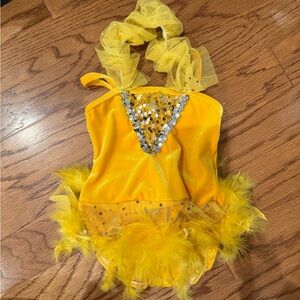 Yellow Sequin Feathered Kids Dance Costume by Curtain Call size CXS